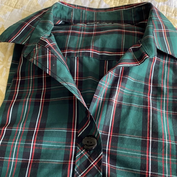 Beautiful tartan 3/4 sleeve button down shirt with gold thread XL EUC HOLIDAY - Picture 1 of 16